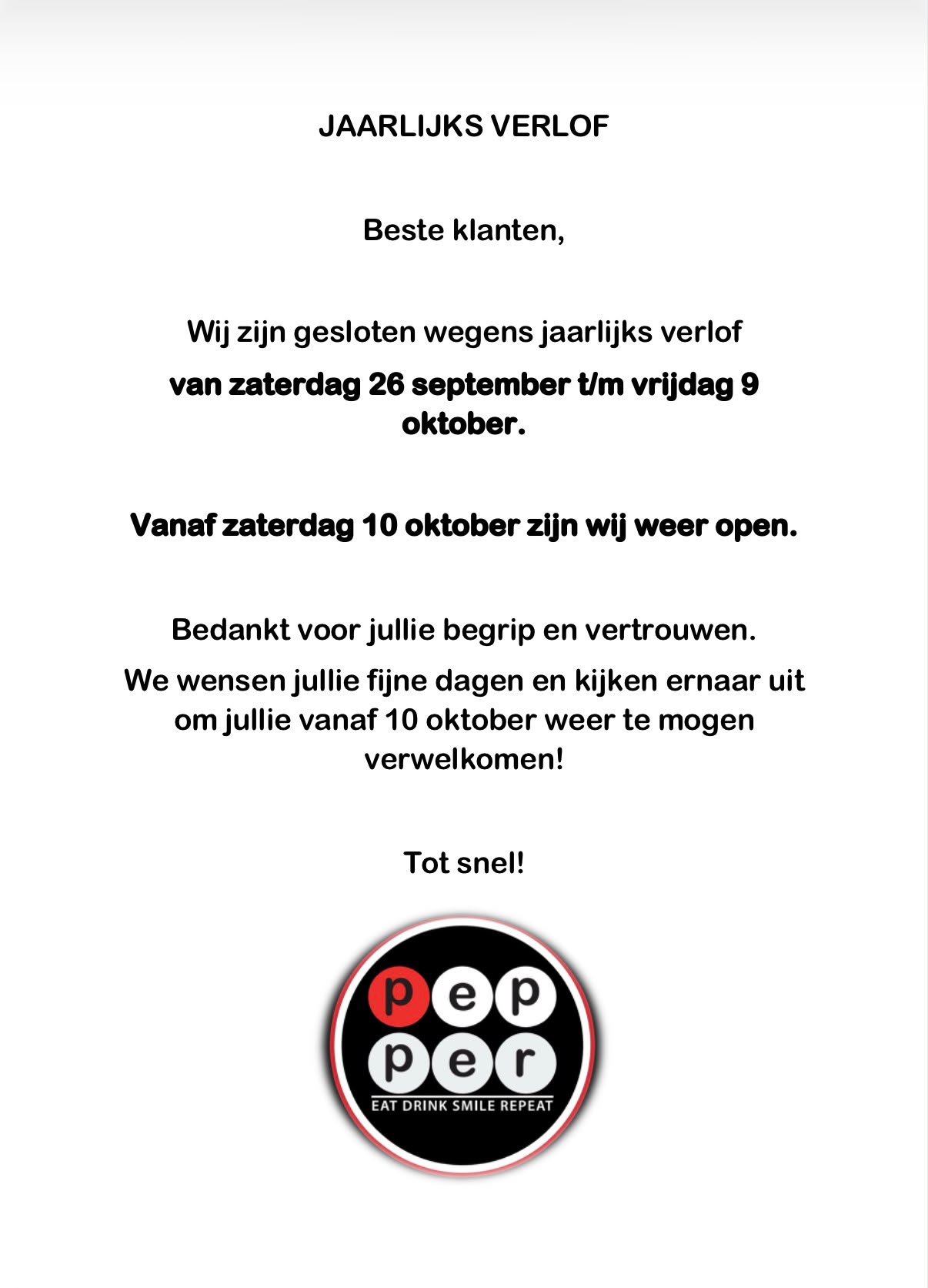 Jaarlijks verlof - gesloten van 26 september t/m 9 oktober
